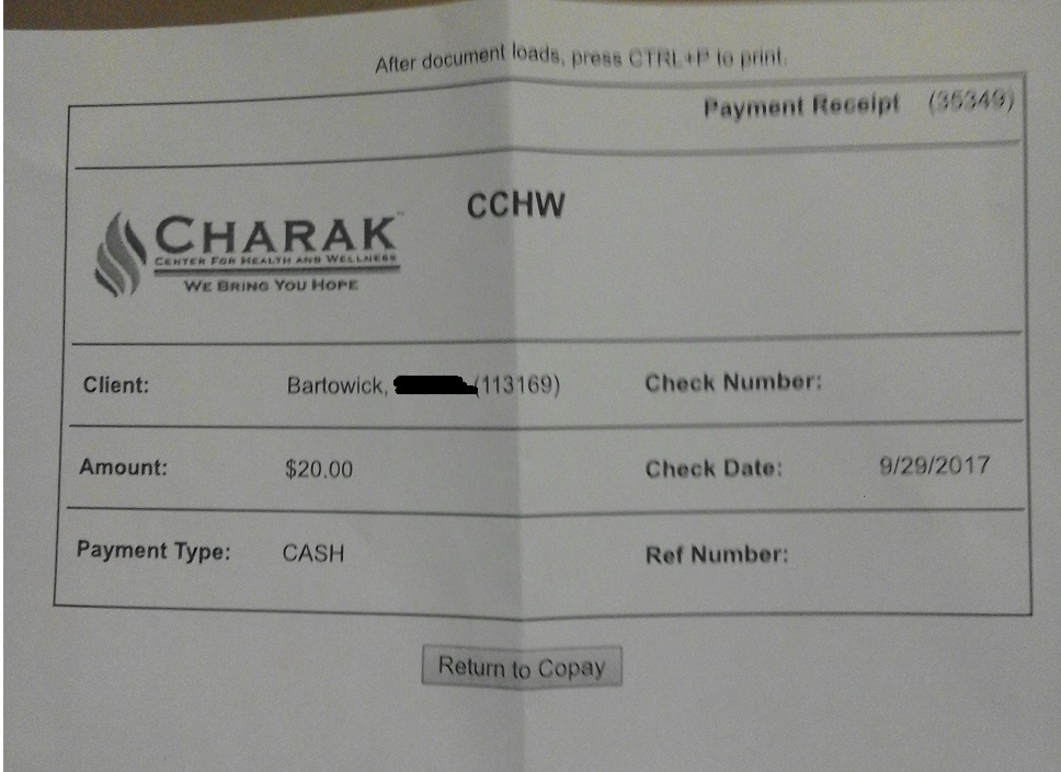 Copy of co pay paid the day no service provided or Dr. was seen