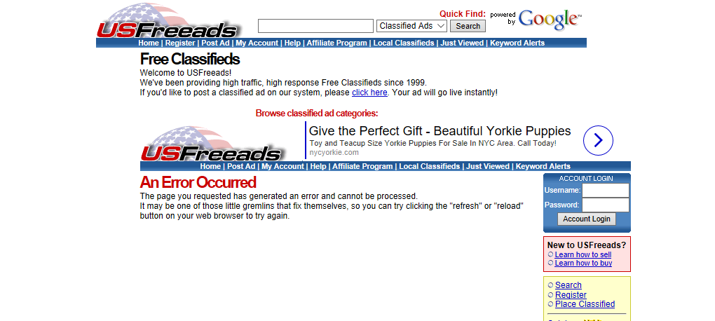 USFreeAds.com constant website problem. No care.