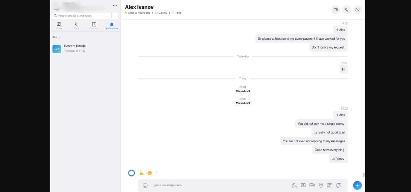 Skype chat where I am asking for the payment