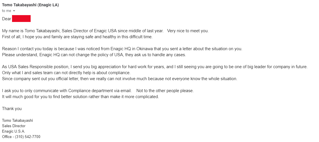 Email Screenshot from Enagic USA