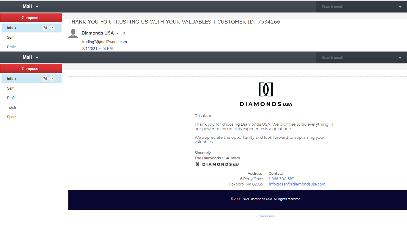 cashfordiamondsusa.com assign my customer id.