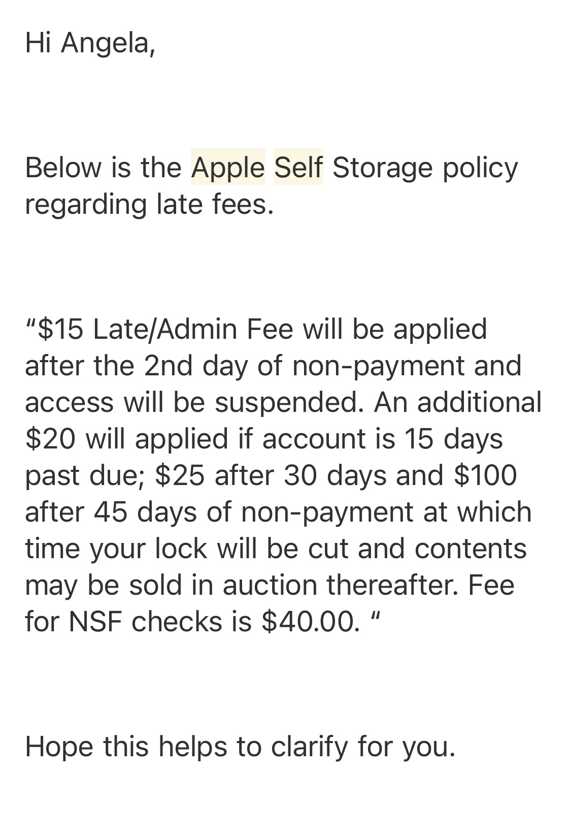 Policy for late fee