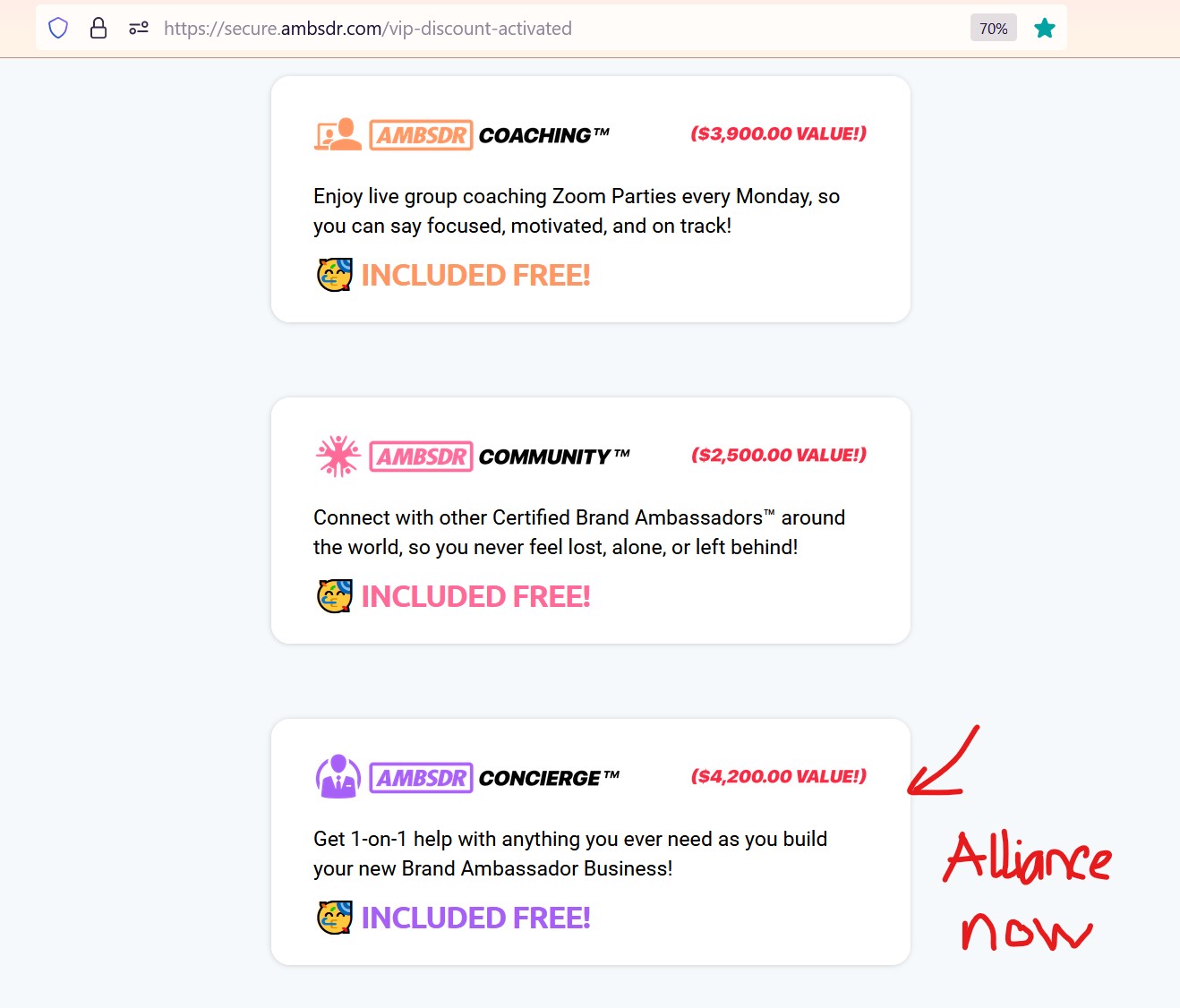 1-1 concierge service is up-sold as Alliance prog.