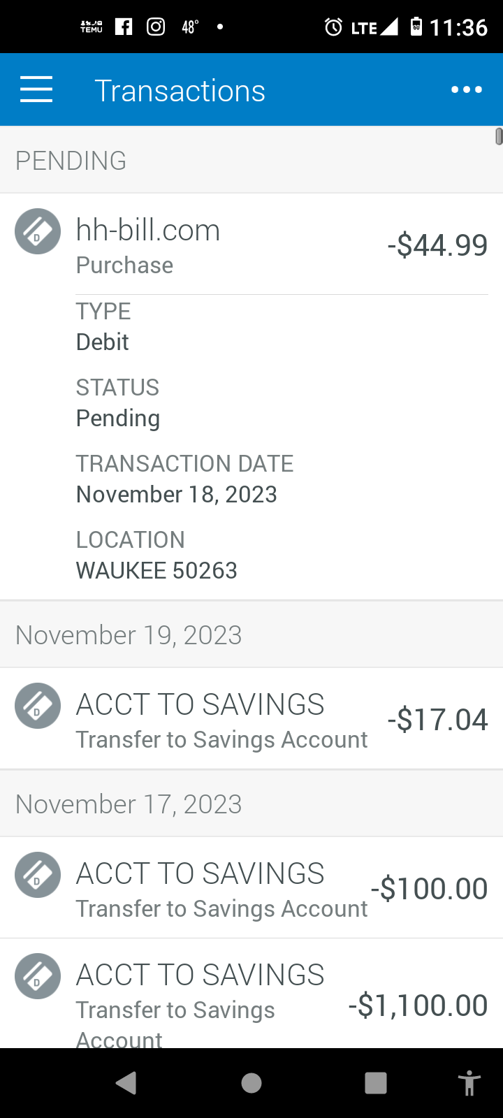 Screen shot of fraudulent debit charge